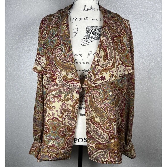 Vintage 90s San Andre Long Sleeve Asymmetrical Shawl Neck Blouse Paisley Sz 12 - Picture 12 of 14